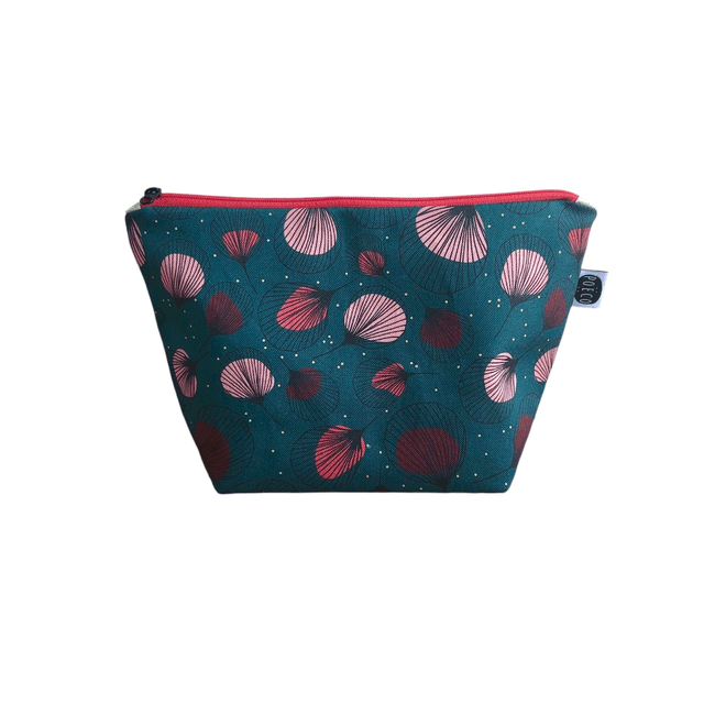 Trousse de toilette - tissu intérieur imperméable - PLUMES rouges fond vert fonçé