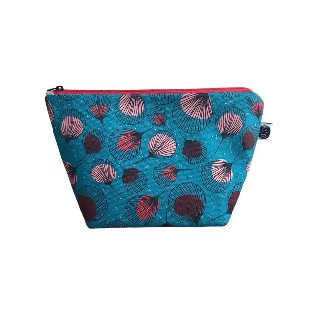 Trousse de toilette - tissu intérieur imperméable - PLUMES rouges fond turquoise